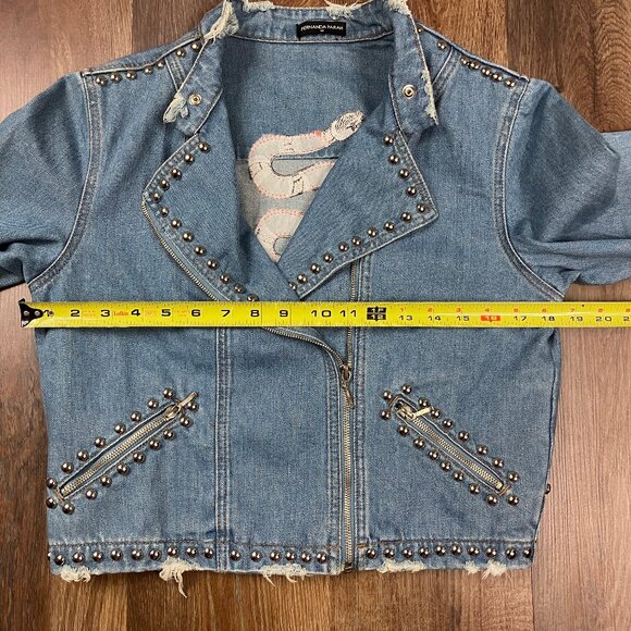 Fernanda Farah Snake Patch Denim Crop Moto Jacket Embroidered Studded Medium - Picture 9 of 14